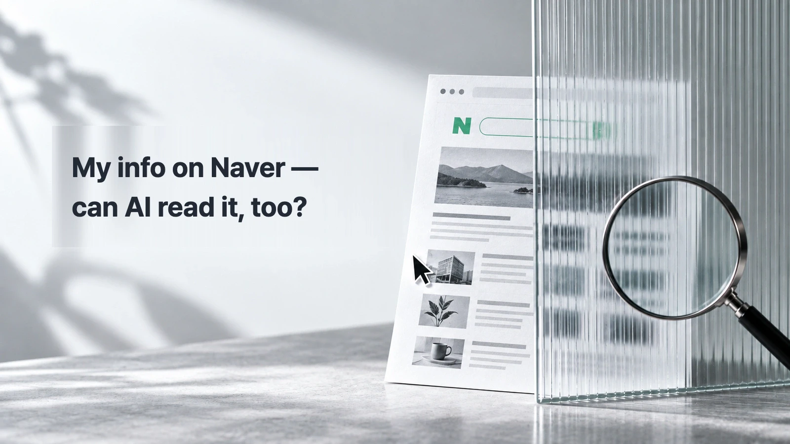 Magnifying glass looking through translucent glass at a public web page, asking whether AI can read information hosted on Naver