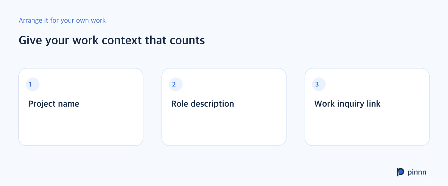 Profile arrangement: Project name, Role description, Work inquiry link